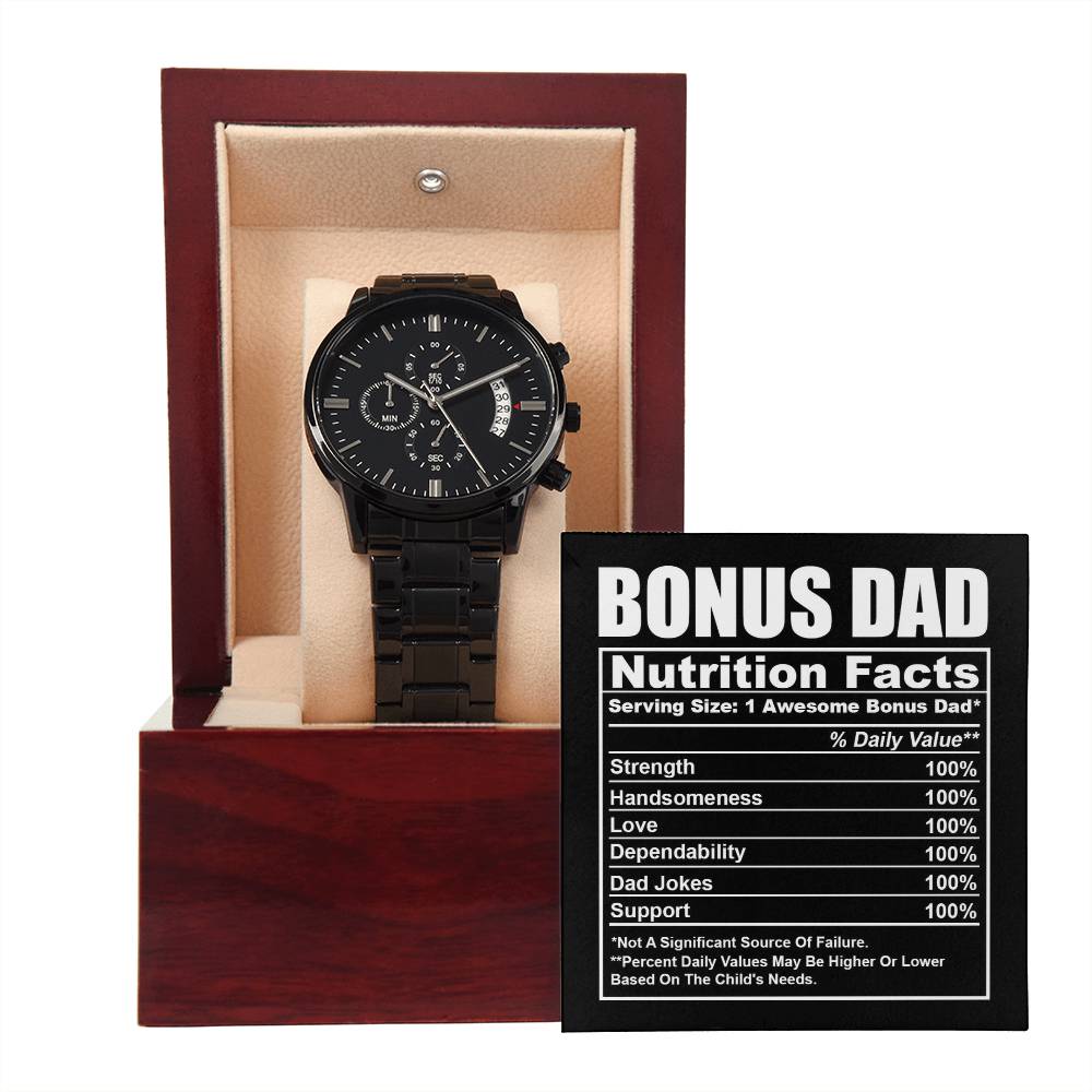 Gift For Bonus Dad - Mens Black Wrist Watch with Mahogany Box and Message Card - Nutrition