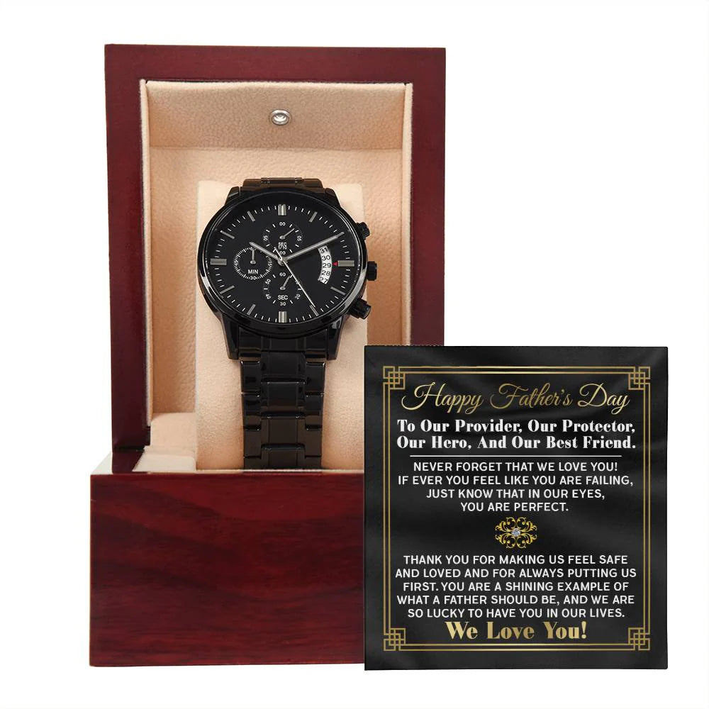 Gifts For Dad - Mens Black Wrist Watch with Mahogany Box and Message Card - Our Protector