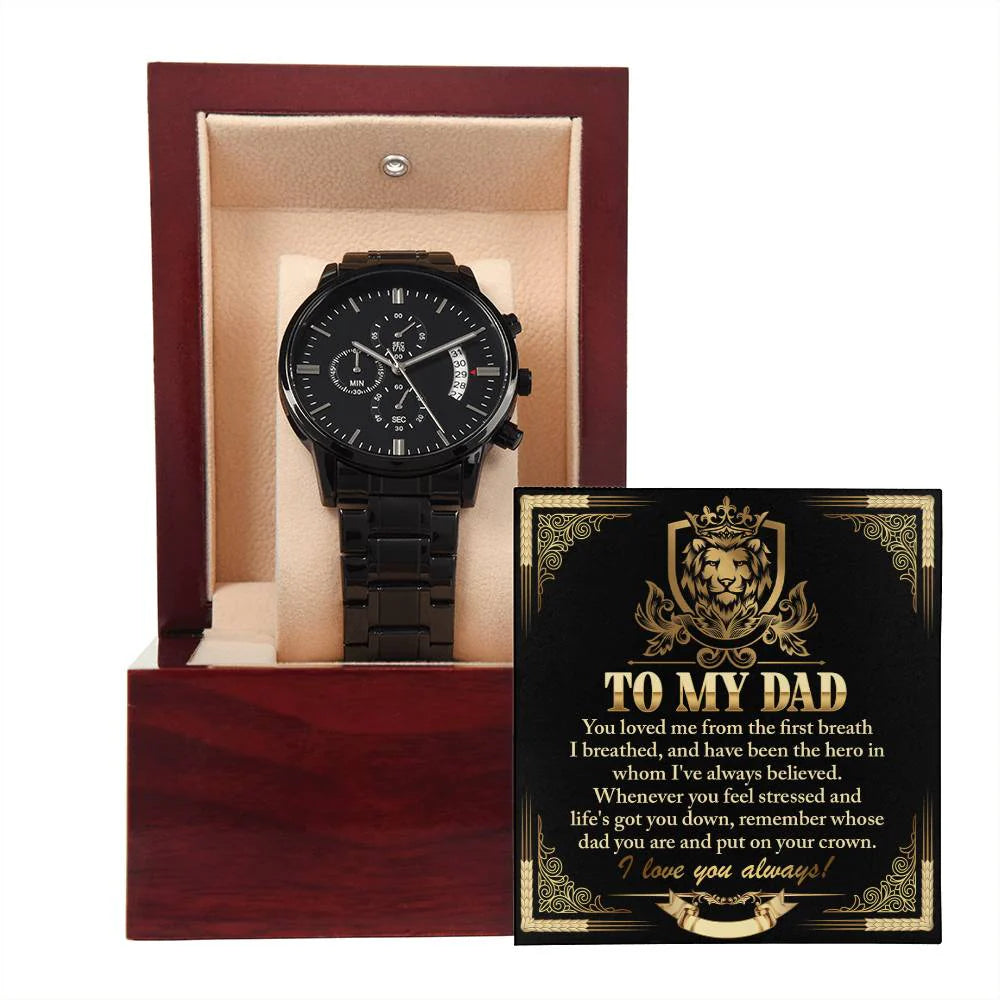 Gifts For Dad - Mens Black Wrist Watch with Mahogany Box and Message Card - On Your Crown