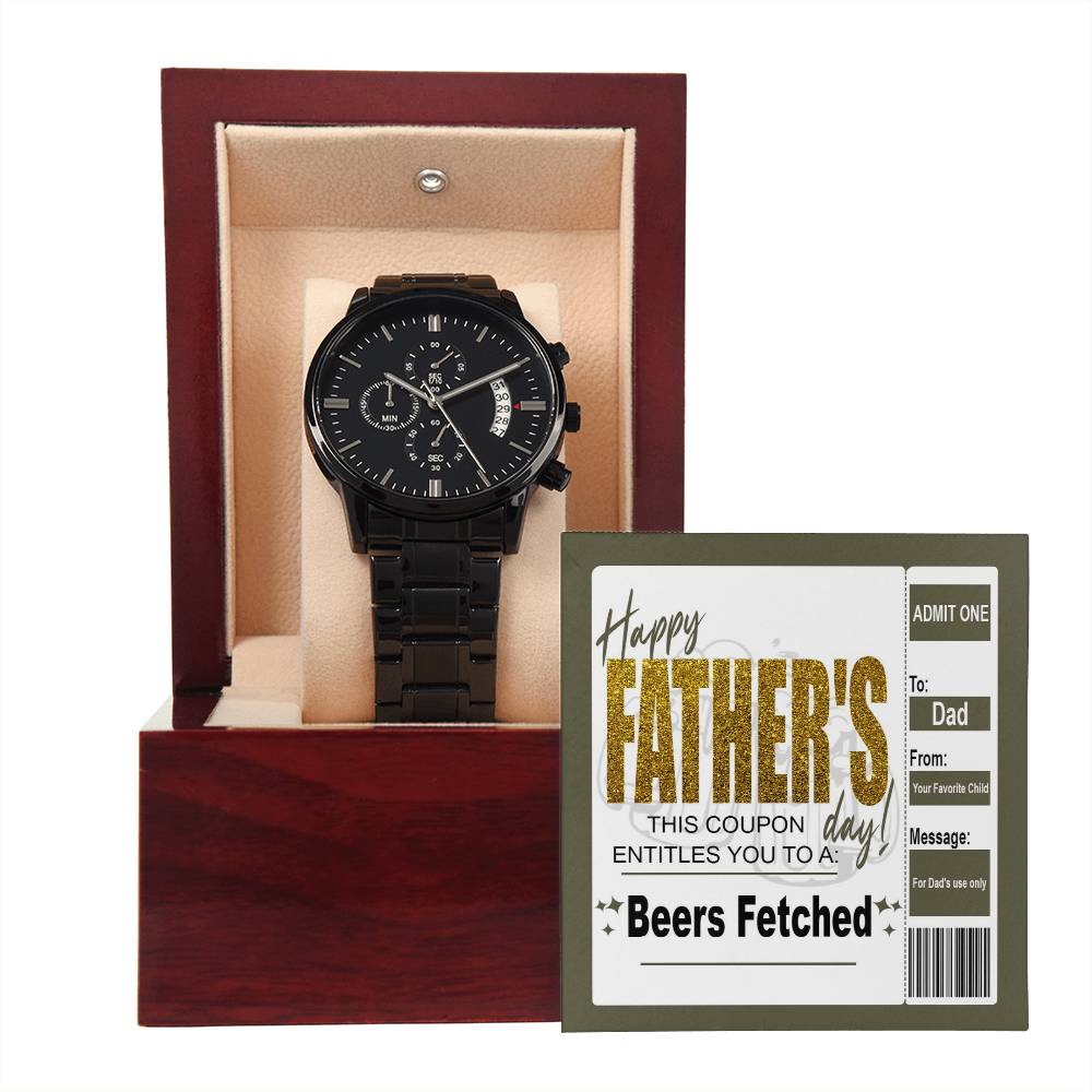 Gift For Dad - Mens Black Wrist Watch with Mahogany Box and Message Card - Beers Fetched