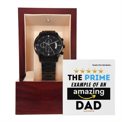 Gift For Dad - Mens Black Wrist Watch with Mahogany Box and Message Card - The Prime Example