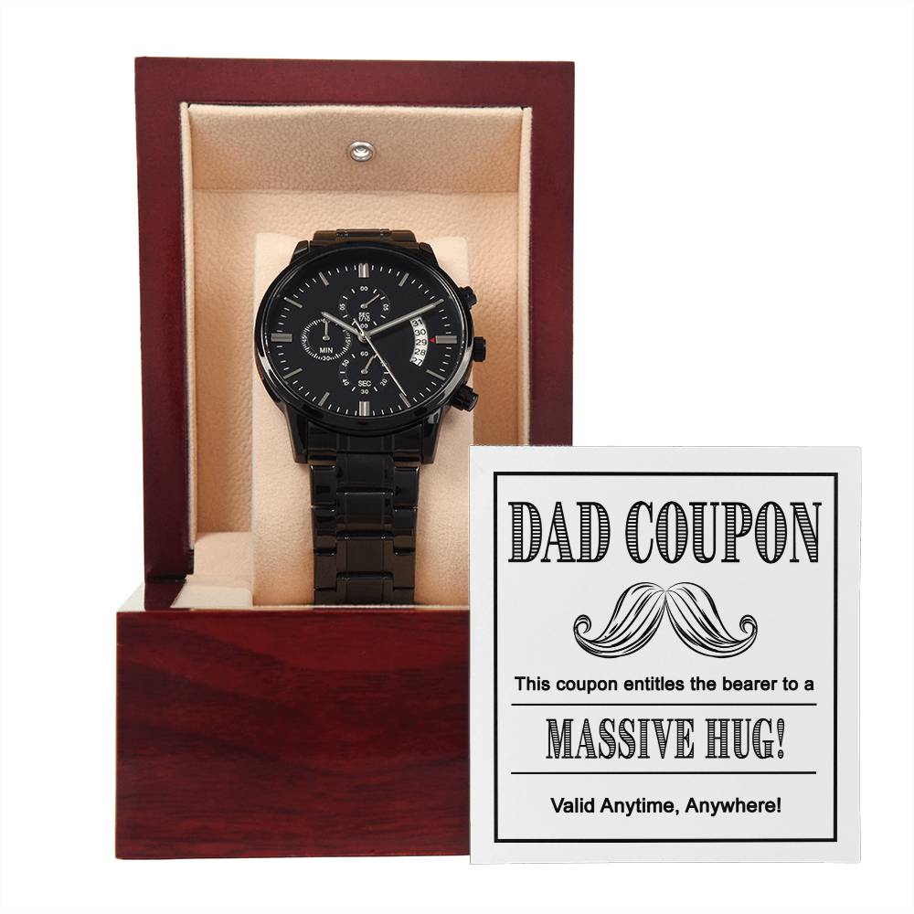 Gift For Dad - Mens Black Wrist Watch with Mahogany Box and Message Card - Massive Hug Coupon