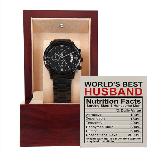 To My Husband - Mens Black Wrist Watch with Mahogany Box and Message Card - Nutrition Facts