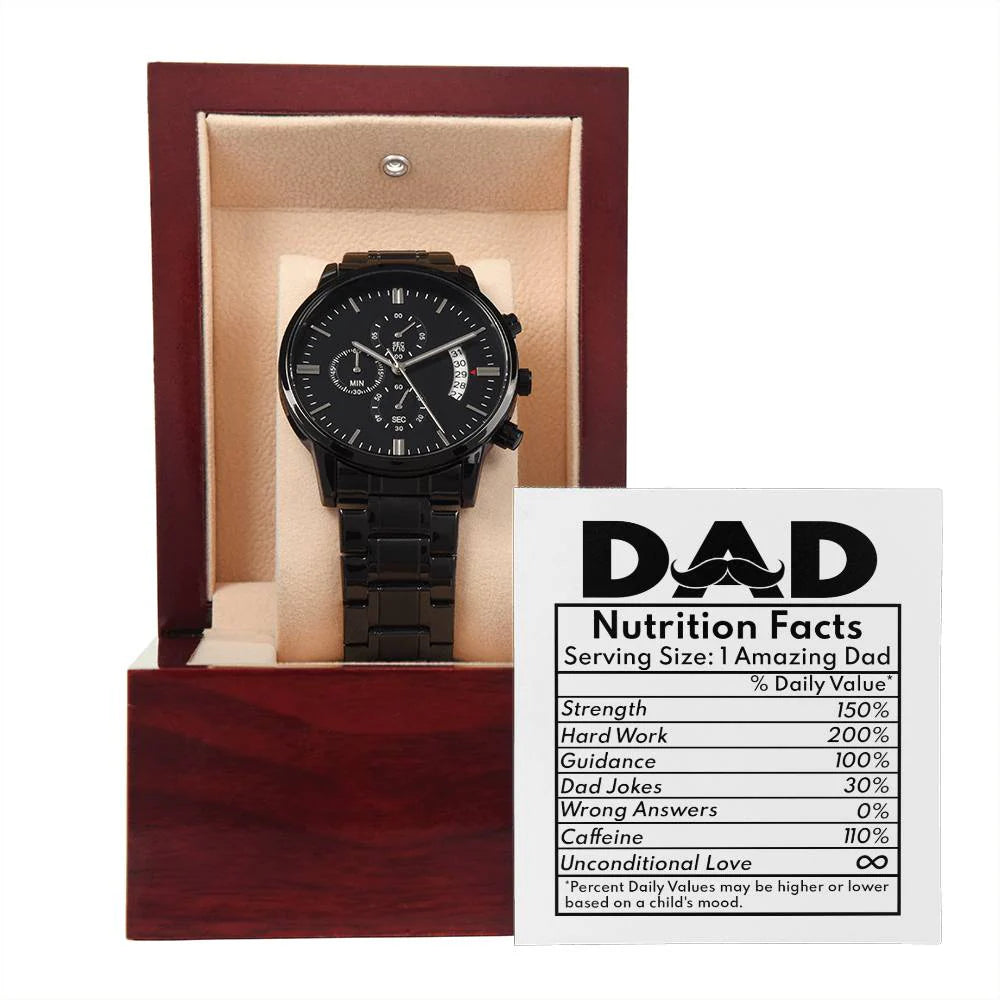 Gifts For Dad - Mens Black Wrist Watch with Mahogany Box and Message Card - Dad Nutrition Facts