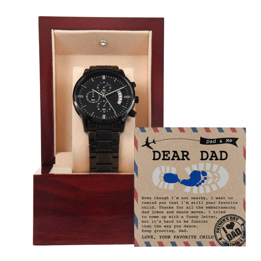 Gifts For Dad - Mens Black Wrist Watch with Mahogany Box and Message Card - Your Favorite Child