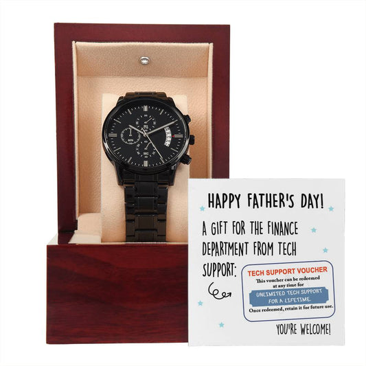 Father's Day Gift For Dad - Mens Black Wrist Watch with Mahogany Box and Message Card - Tech Support Voucher