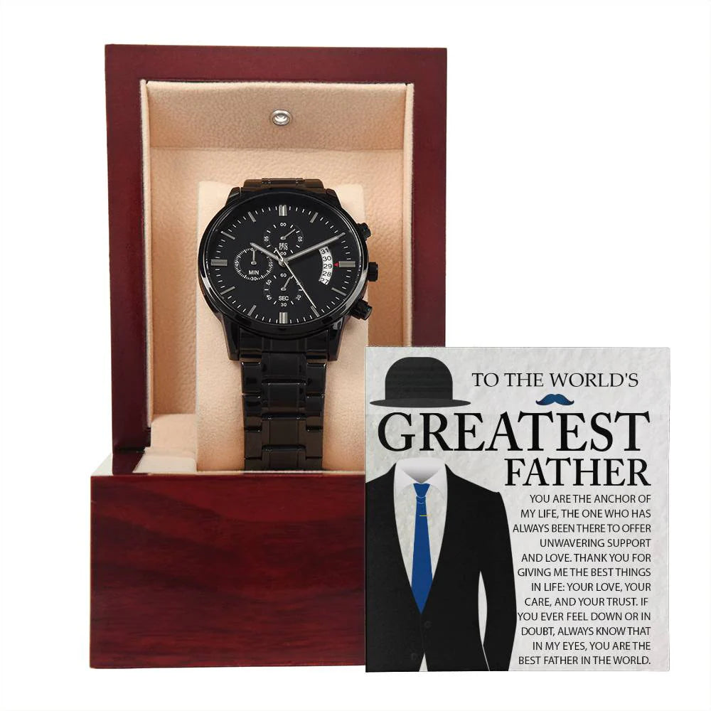 Gifts For Dad - Mens Black Wrist Watch with Mahogany Box and Message Card - The Anchor