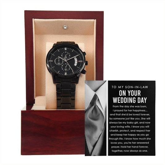 To My Son-In-Law - Mens Black Wrist Watch with Mahogany Box and Message Card - Hold Her Hand