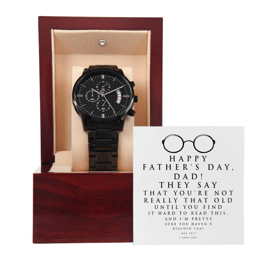 Father's Day Gift For Dad - Mens Black Wrist Watch with Mahogany Box and Message Card - Hard To Read