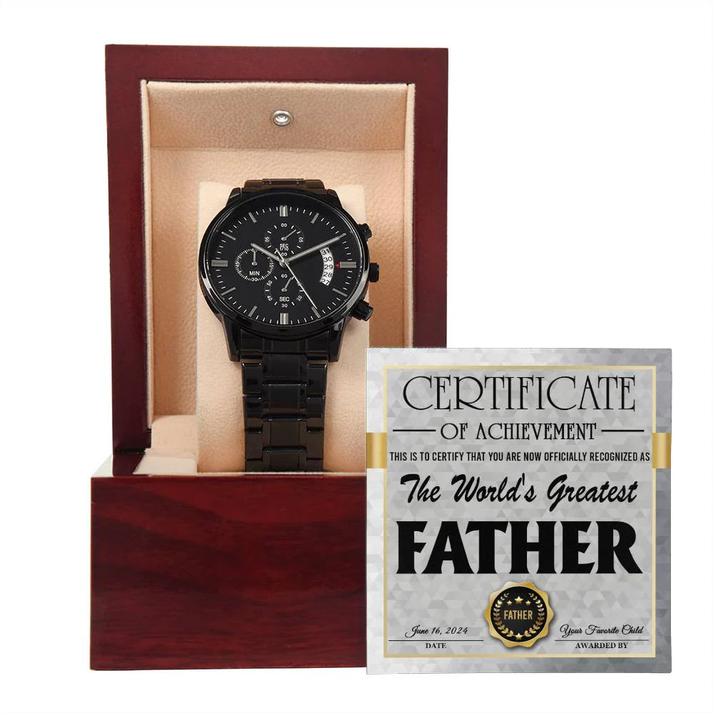 Gifts For Dad - Mens Black Wrist Watch with Mahogany Box and Message Card - World's Greatest Father Certificate