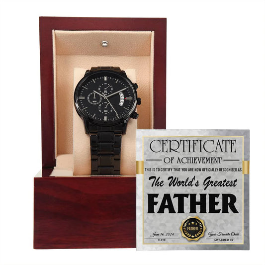 Gifts For Dad - Mens Black Wrist Watch with Mahogany Box and Message Card - World's Greatest Father Certificate