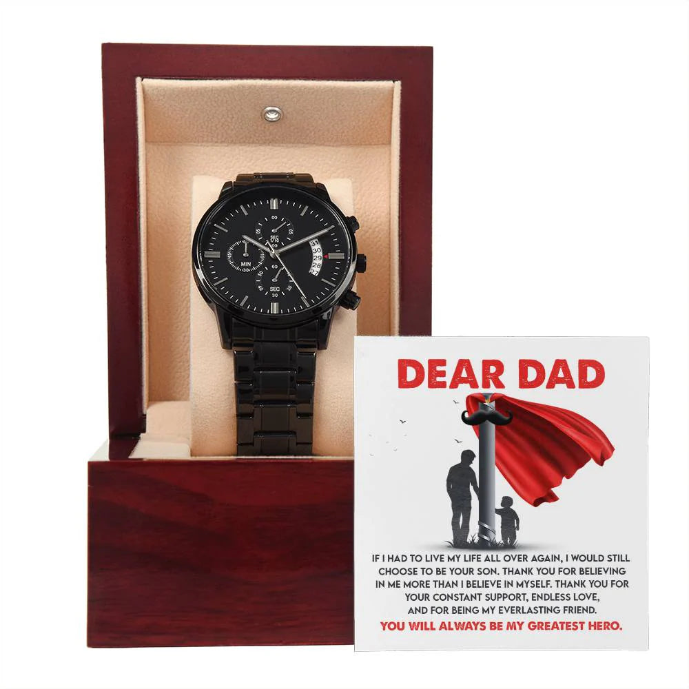 Gifts For Dad - Mens Black Wrist Watch with Mahogany Box and Message Card - My Greatest Hero