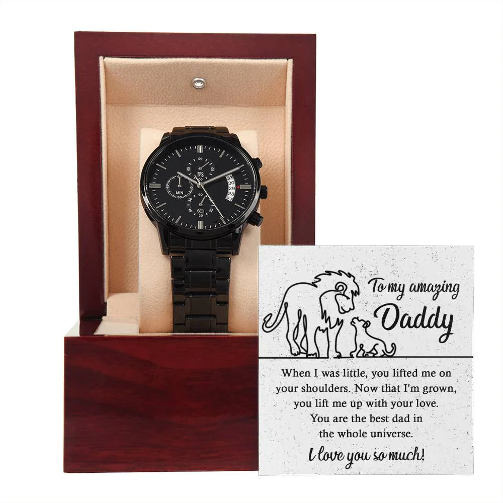 Gifts For Dad - Mens Black Wrist Watch with Mahogany Box and Message Card - On Your Shoulders