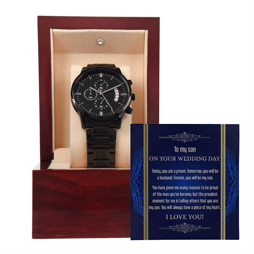 To My Son - Mens Black Wrist Watch with Mahogany Box and Message Card - Be My Son