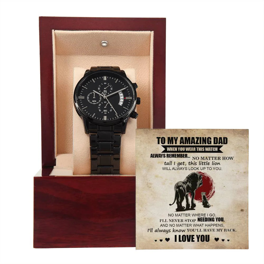 Gifts For Dad - Mens Black Wrist Watch with Mahogany Box and Message Card - This Little Lion