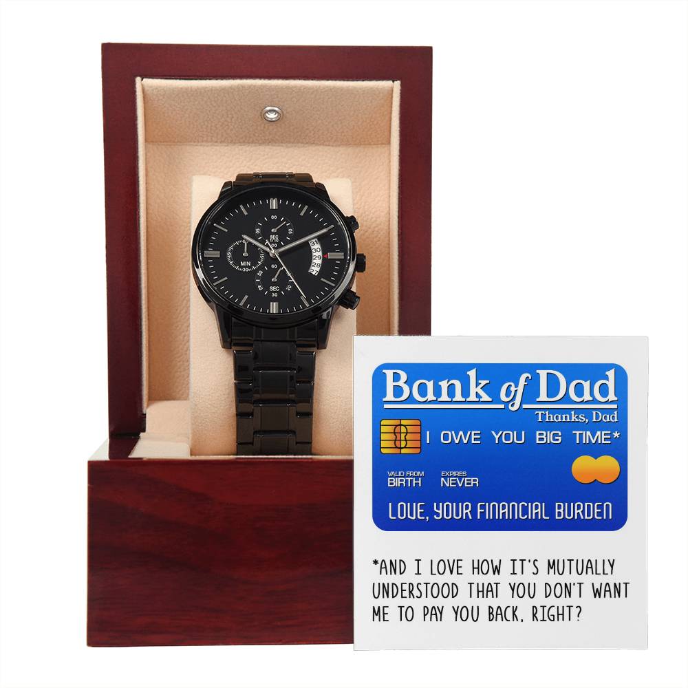 Gift For Dad - Mens Black Wrist Watch with Mahogany Box and Message Card - Bank of Dad