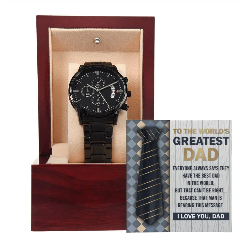 Gifts For Dad - Mens Black Wrist Watch with Mahogany Box and Message Card - That Man