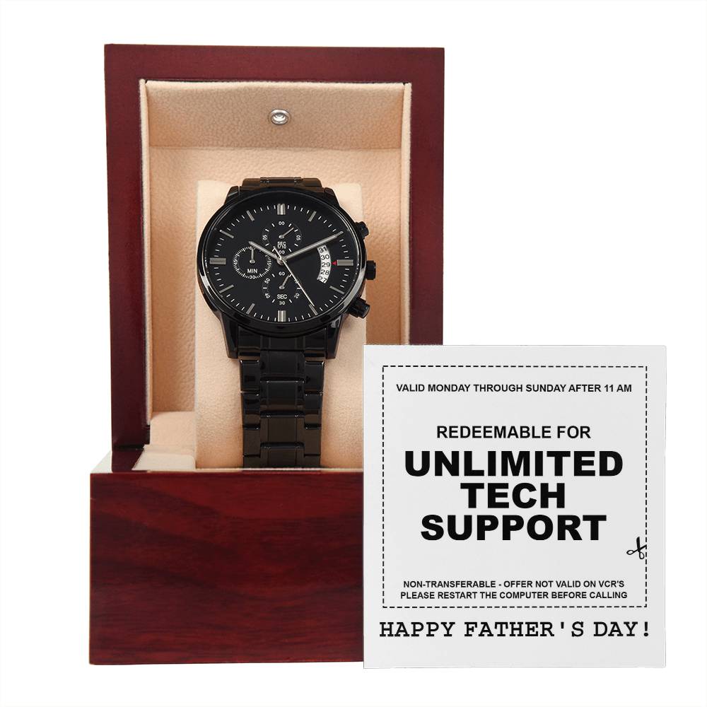 Gift For Dad - Mens Black Wrist Watch with Mahogany Box and Message Card - Unlimited Tech Support