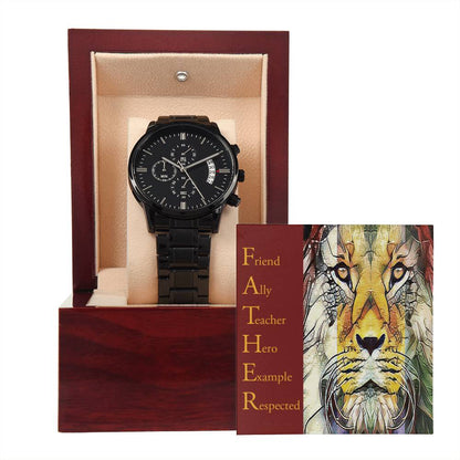 Gift For Dad - Mens Black Wrist Watch with Mahogany Box and Message Card - Respected