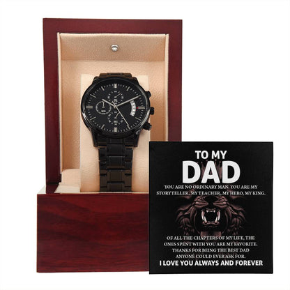 Gift For Dad - Mens Black Wrist Watch with Mahogany Box and Message Card - My Story Teller