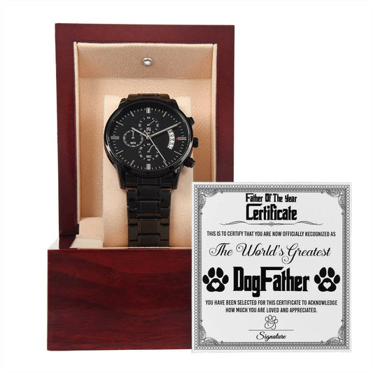 Gift For A Dog Dad - Mens Black Wrist Watch with Mahogany Box and Message Card - Dog Father Of The Year Certificate