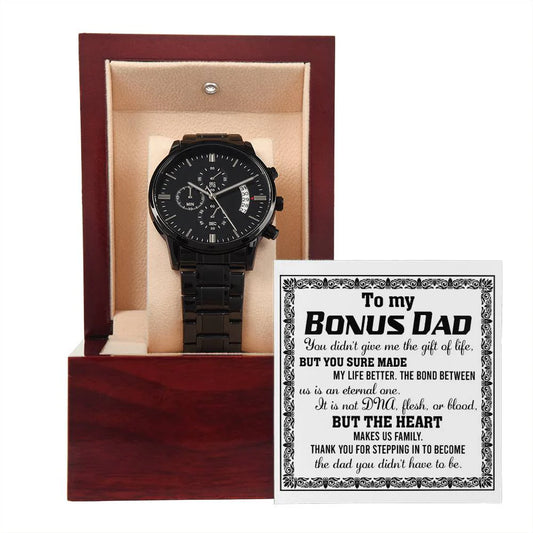 Bonus Dad Watch Gift - Gift Of Life - Black Chronograph Watch with Mahogany Box