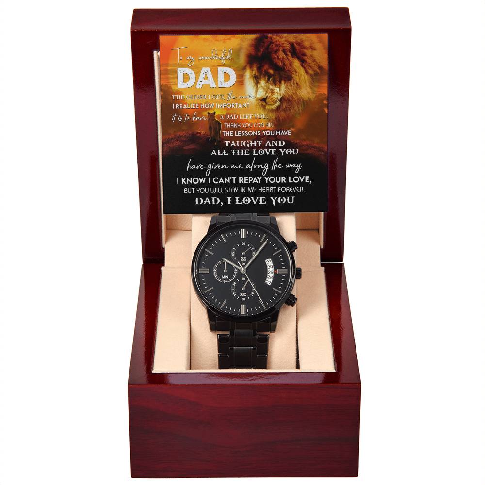 Gift For Dad - Mens Black Wrist Watch with Mahogany Box and Message Card - Repay Your Love