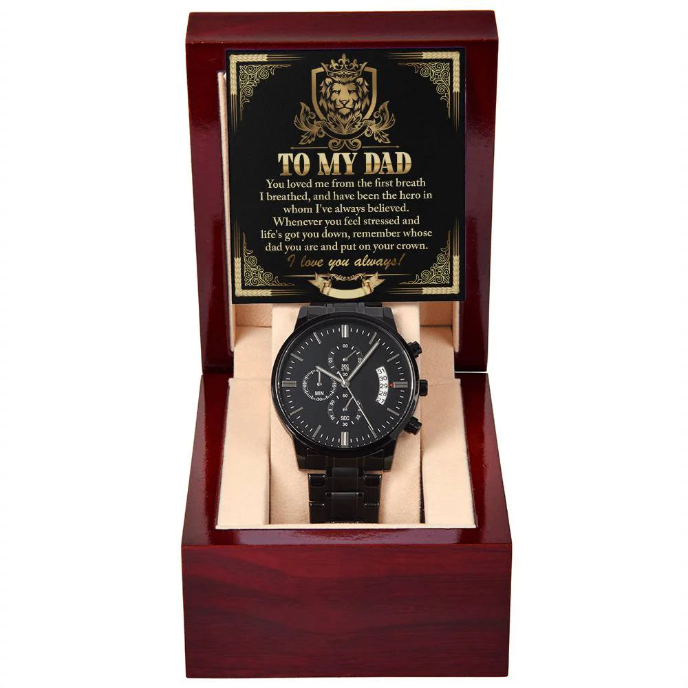 Gifts For Dad - Mens Black Wrist Watch with Mahogany Box and Message Card - On Your Crown