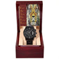 Gift For Dad - Mens Black Wrist Watch with Mahogany Box and Message Card - Respected
