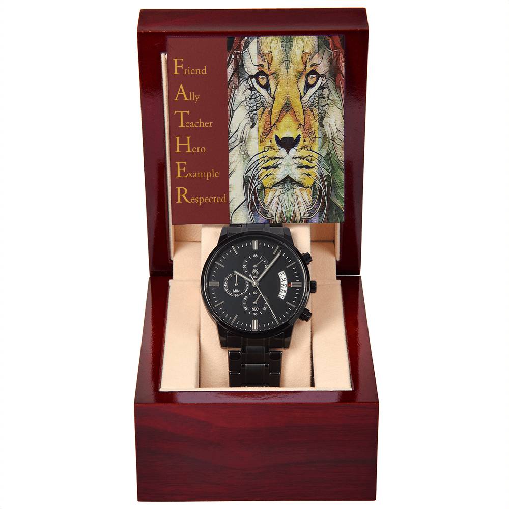 Gift For Dad - Mens Black Wrist Watch with Mahogany Box and Message Card - Respected