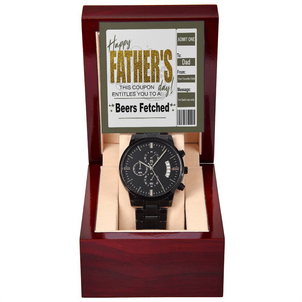 Gift For Dad - Mens Black Wrist Watch with Mahogany Box and Message Card - Beers Fetched