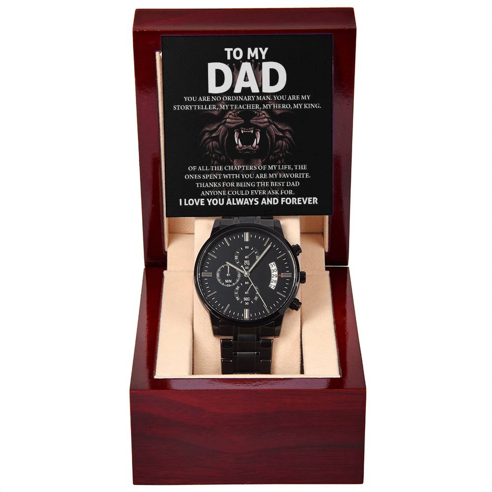 Gift For Dad - Mens Black Wrist Watch with Mahogany Box and Message Card - My Story Teller