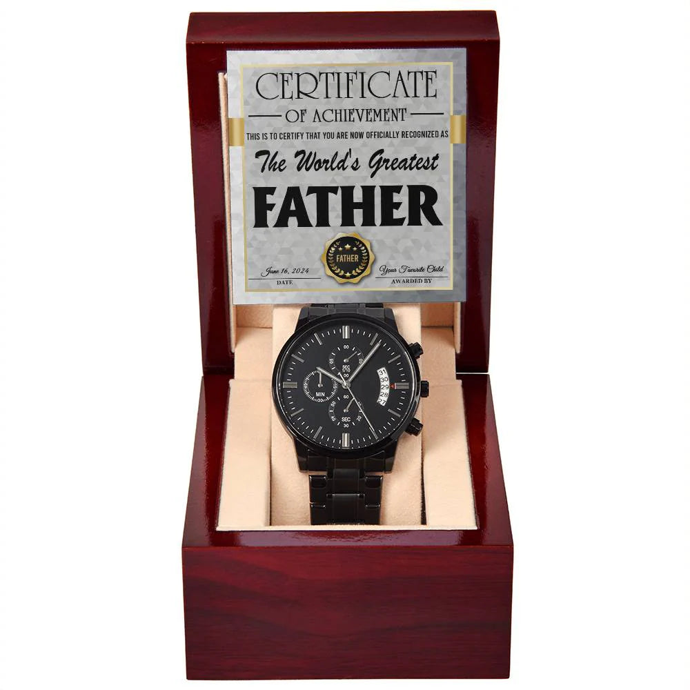 Gifts For Dad - Mens Black Wrist Watch with Mahogany Box and Message Card - World's Greatest Father Certificate