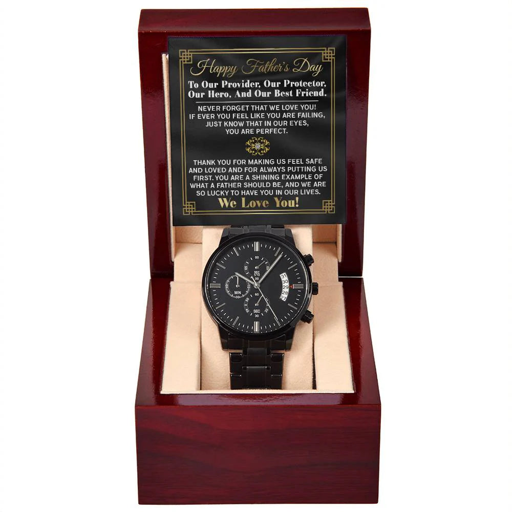 Gifts For Dad - Mens Black Wrist Watch with Mahogany Box and Message Card - Our Protector