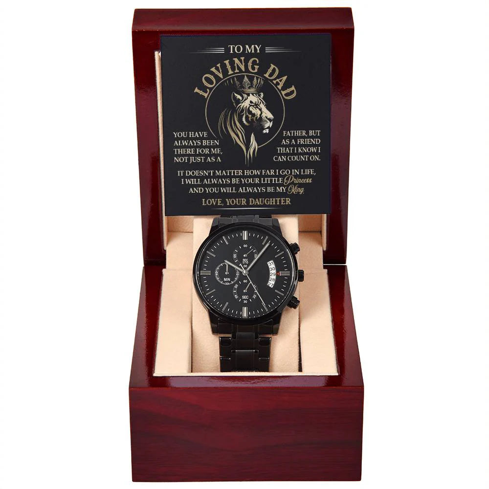 Dad Watch Gift - Always Be My King - Black Chronograph Watch with Mahogany Box