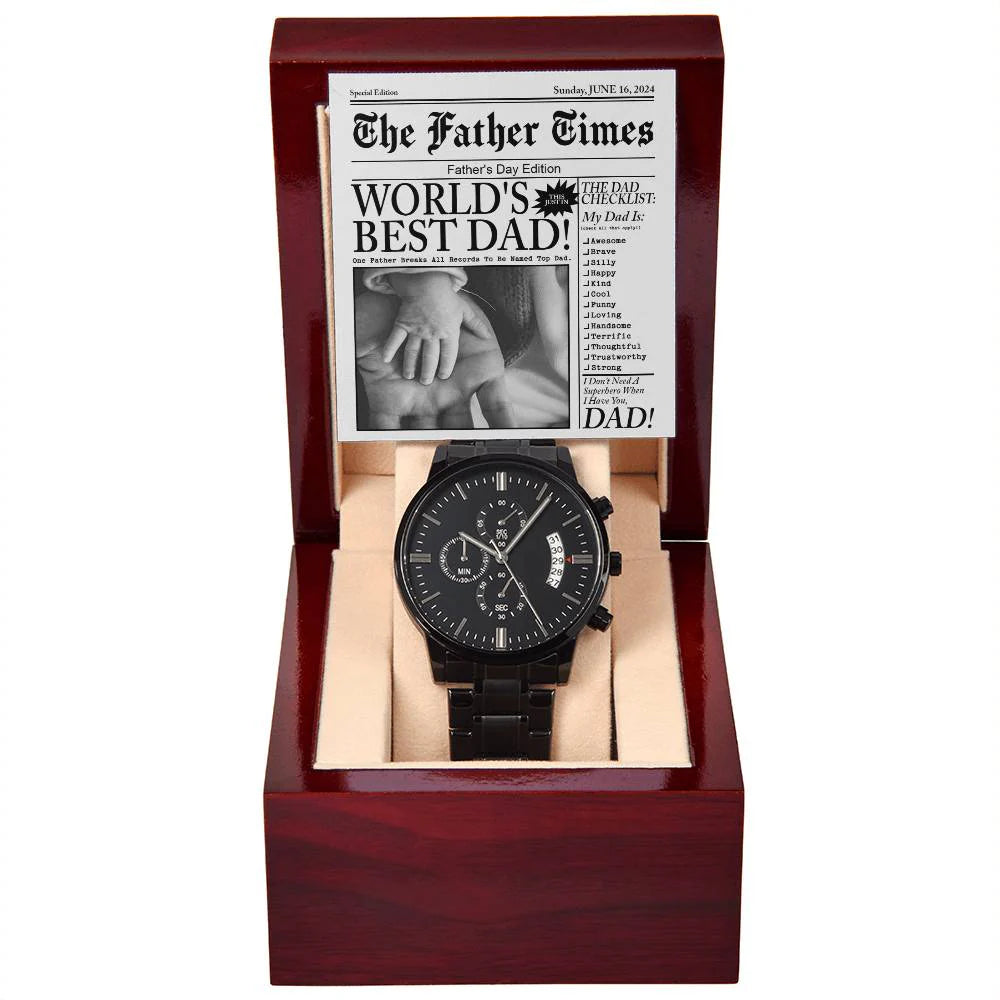 Gifts For Dad - Mens Black Wrist Watch with Mahogany Box and Message Card - The Father Times Newspaper