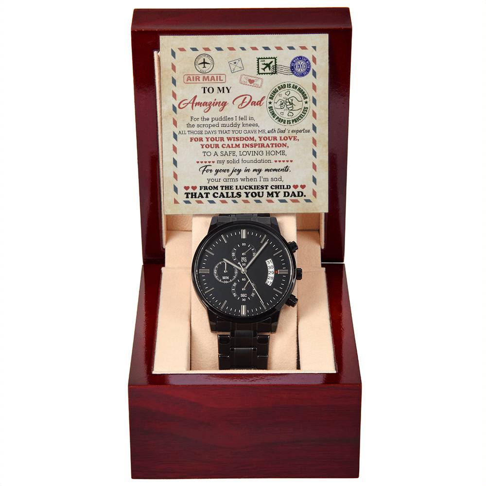 Gift For Dad - Mens Black Wrist Watch with Mahogany Box and Message Card - The Luckiest Child