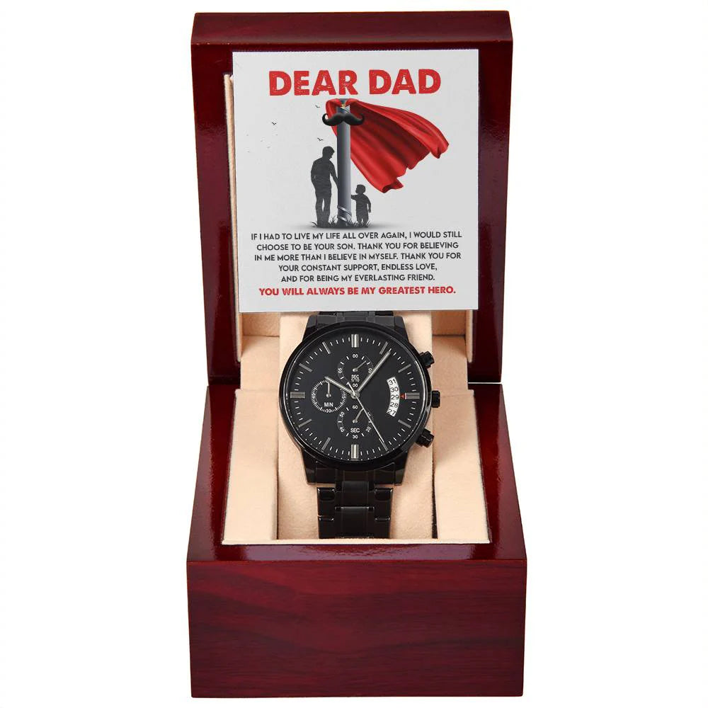 Gifts For Dad - Mens Black Wrist Watch with Mahogany Box and Message Card - My Greatest Hero