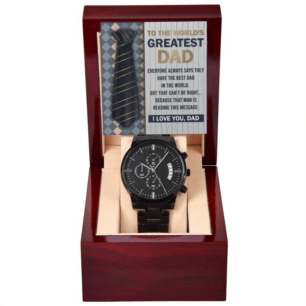 Gifts For Dad - Mens Black Wrist Watch with Mahogany Box and Message Card - That Man