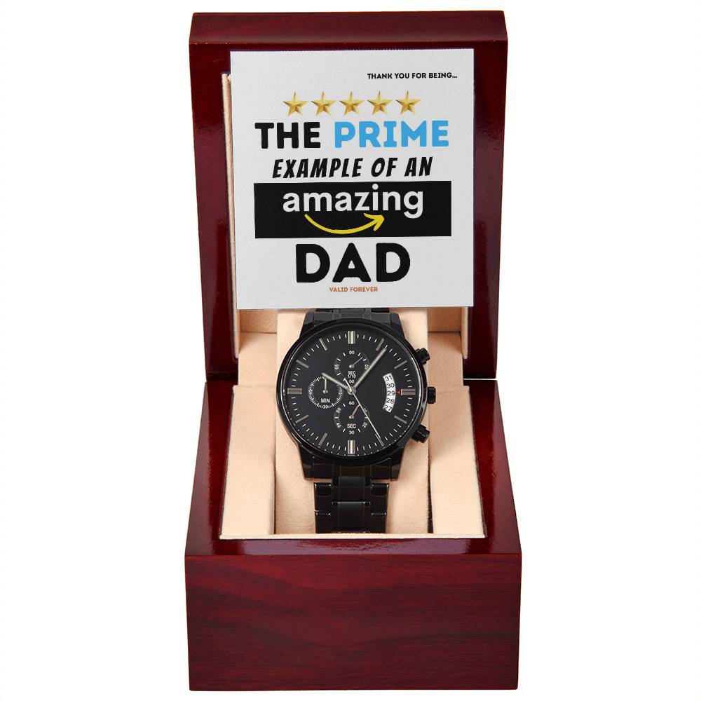 Gift For Dad - Mens Black Wrist Watch with Mahogany Box and Message Card - The Prime Example