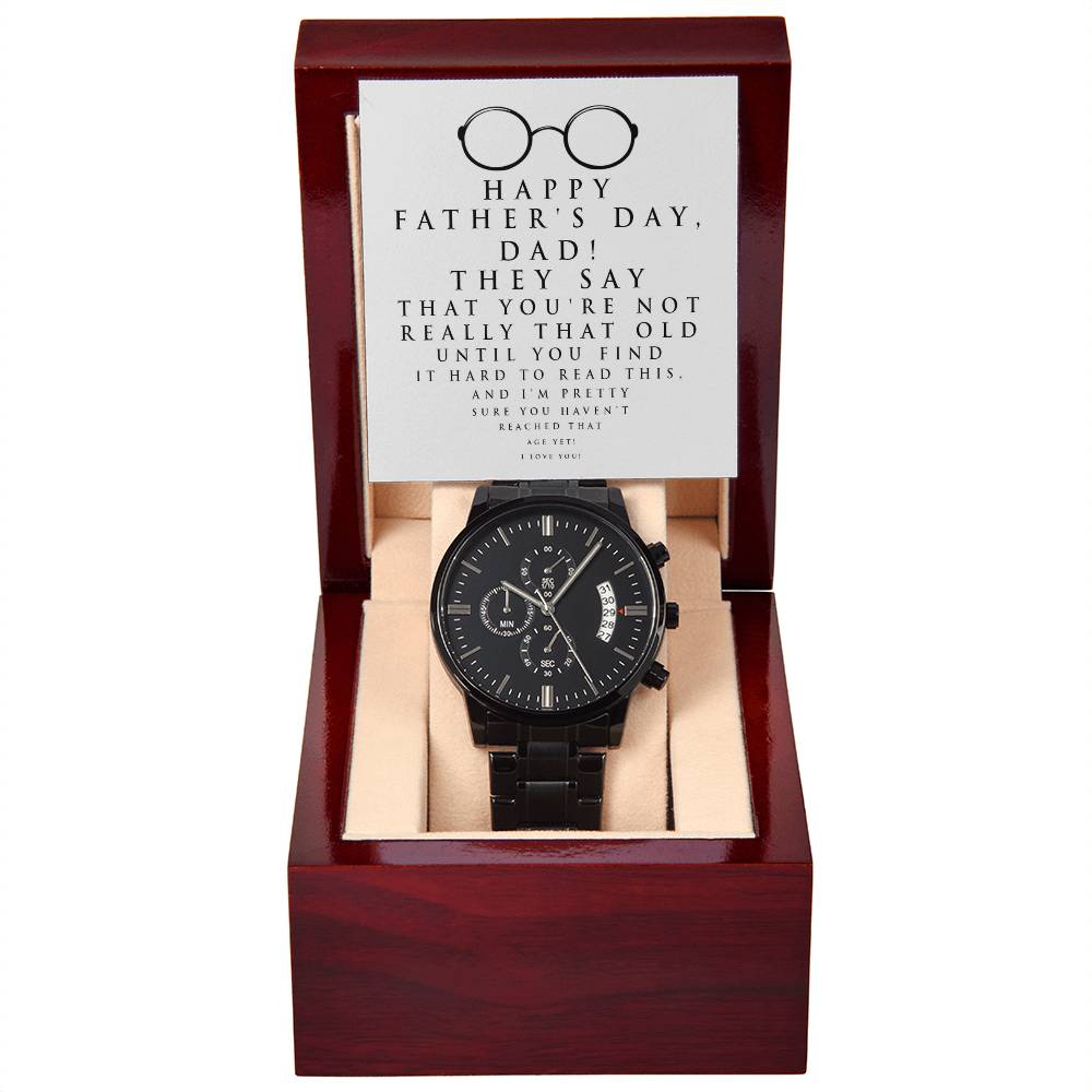 Father's Day Gift For Dad - Mens Black Wrist Watch with Mahogany Box and Message Card - Hard To Read