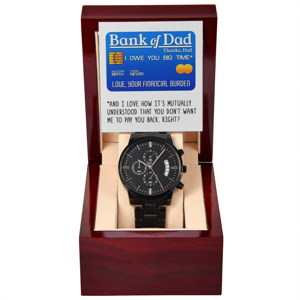 Gift For Dad - Mens Black Wrist Watch with Mahogany Box and Message Card - Bank of Dad