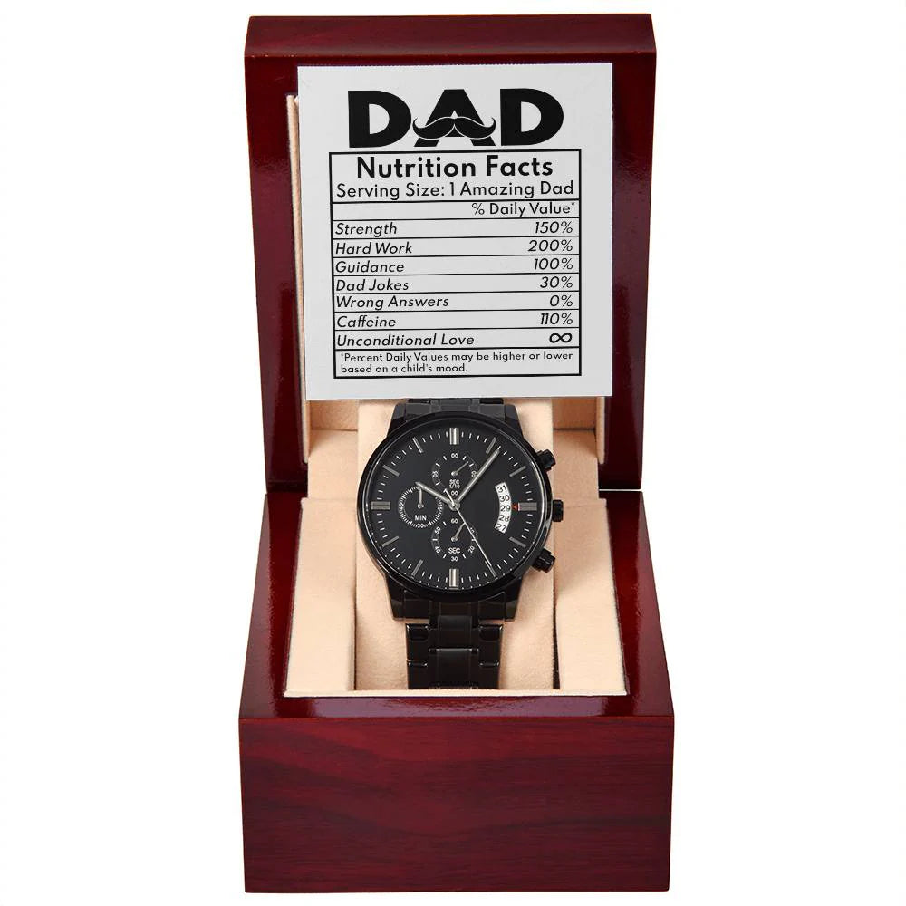 Gifts For Dad - Mens Black Wrist Watch with Mahogany Box and Message Card - Dad Nutrition Facts