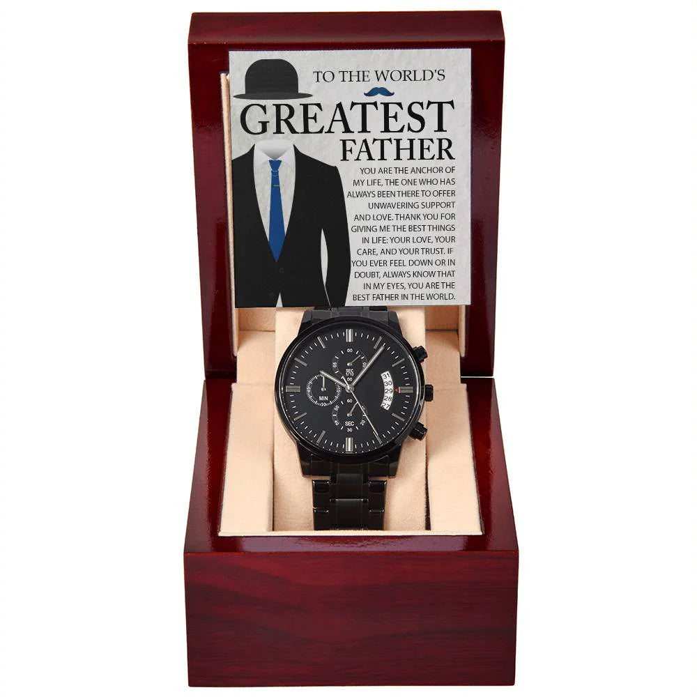 Gifts For Dad - Mens Black Wrist Watch with Mahogany Box and Message Card - The Anchor