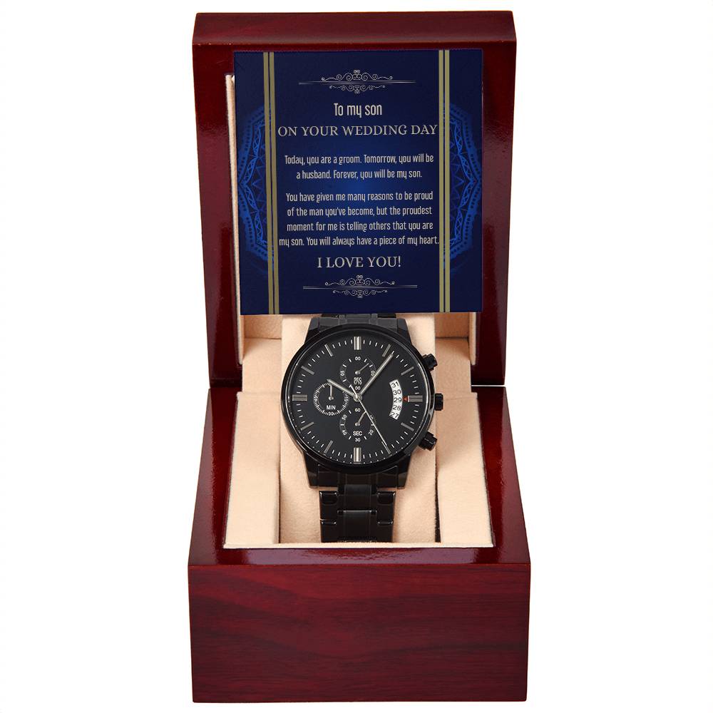 To My Son - Mens Black Wrist Watch with Mahogany Box and Message Card - Be My Son