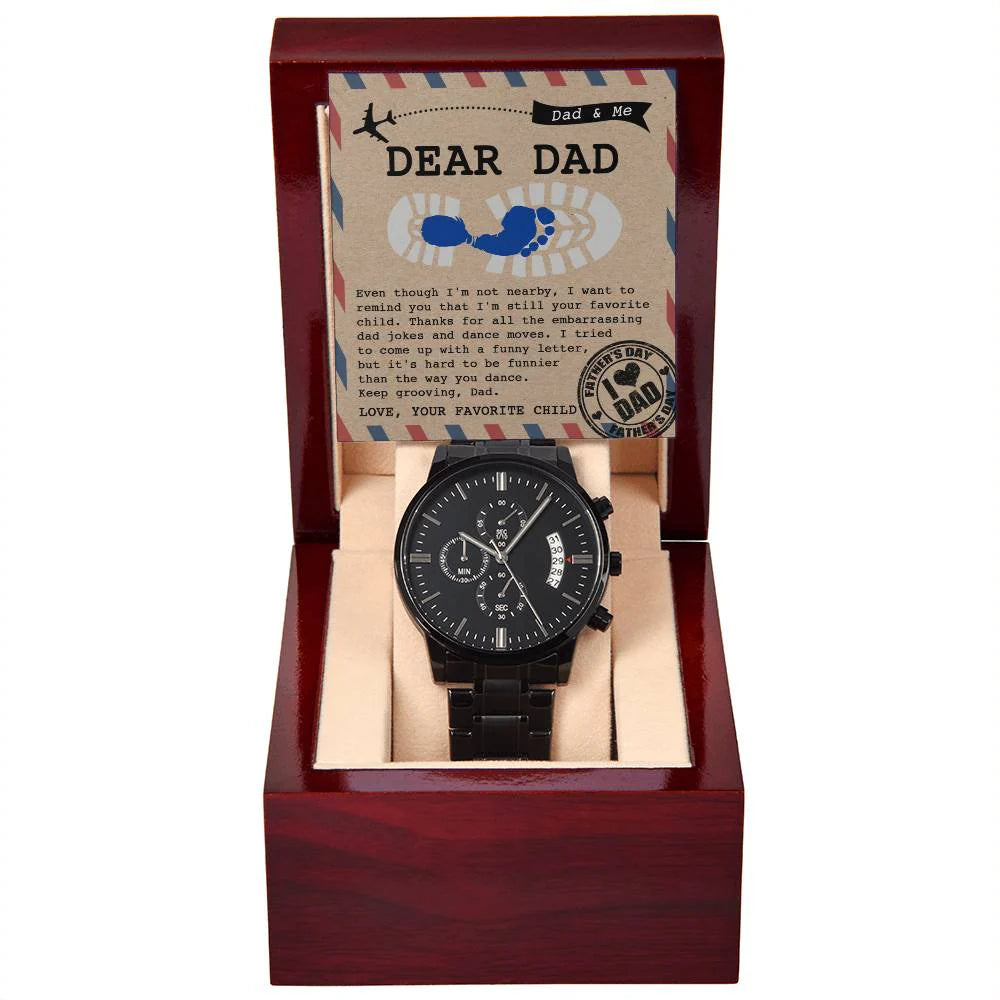 Gifts For Dad - Mens Black Wrist Watch with Mahogany Box and Message Card - Your Favorite Child