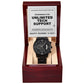 Gift For Dad - Mens Black Wrist Watch with Mahogany Box and Message Card - Unlimited Tech Support