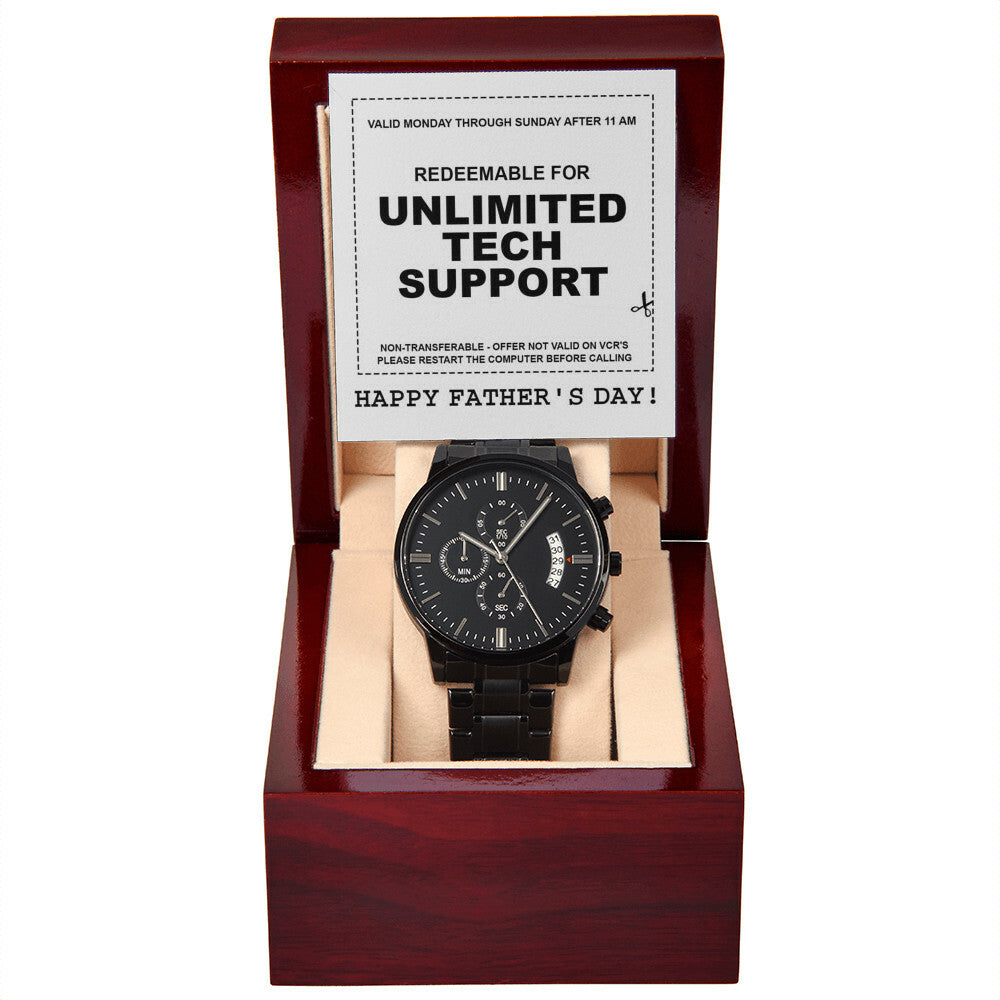 Gift For Dad - Mens Black Wrist Watch with Mahogany Box and Message Card - Unlimited Tech Support