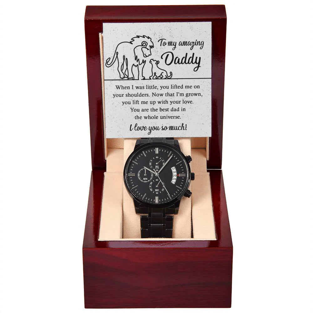 Gifts For Dad - Mens Black Wrist Watch with Mahogany Box and Message Card - On Your Shoulders