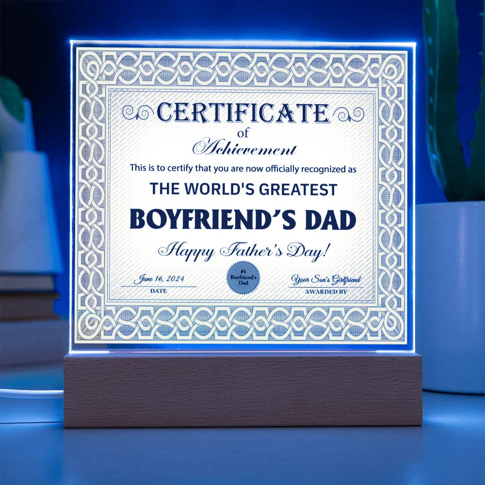 Boyfriends Dad Gift-Certificate Of Achievement Acrylic Plaque